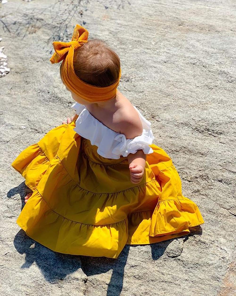 BULINGNA Fashion Girls Off-Shoulder Crop Top & High Waist Ruffled Maxi Skirt Set with Headband - Summer Toddler Outfit for Beach, Party & Photo Shoots