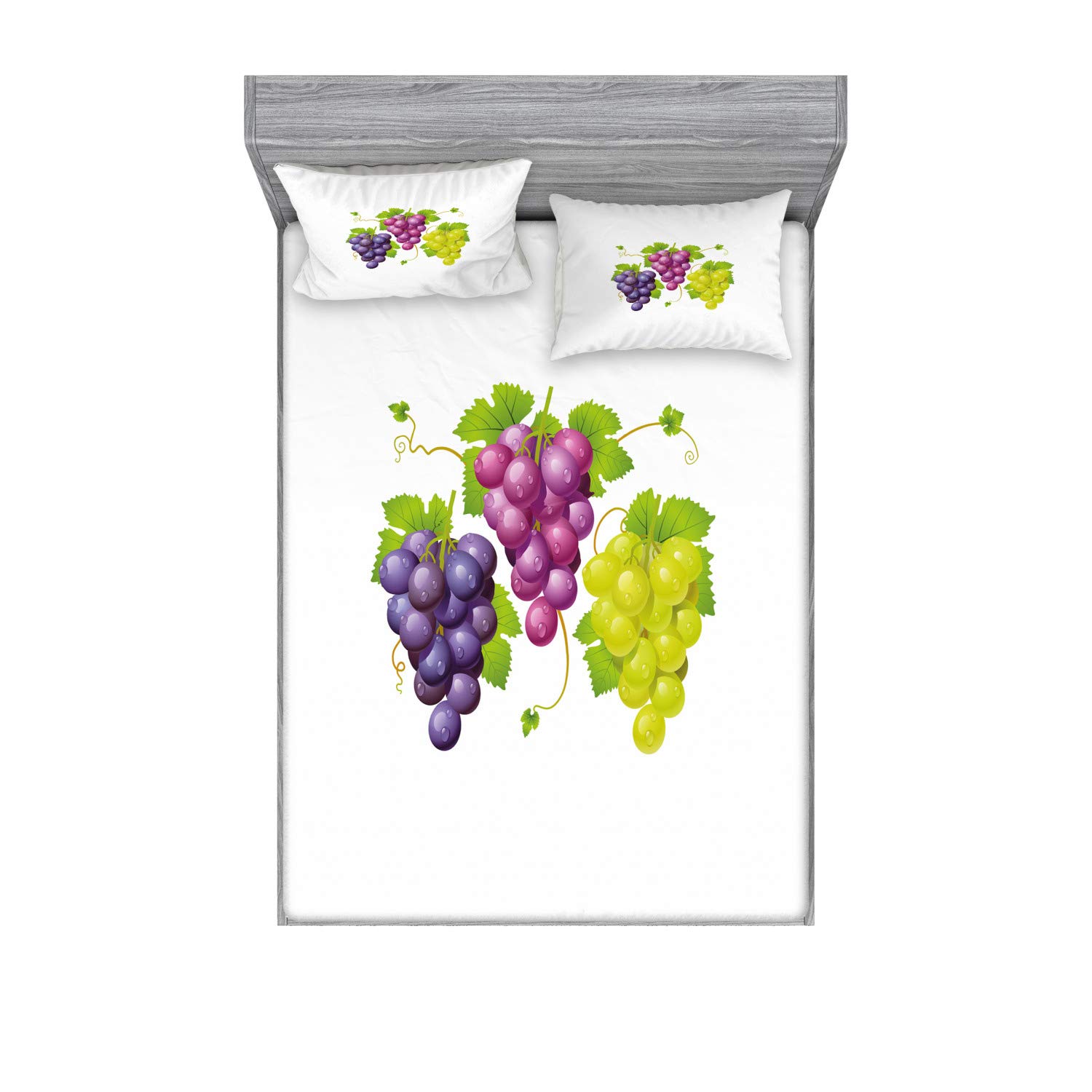 Ambesonne Vineyard Fitted Sheet & Pillow Sham Set - 3-Piece Queen Size Bedding with Burgundy Ivy Print, Purple & Green Decorative Design | Perfect for Farmhouse, Rustic & Vineyard Themed Bedrooms