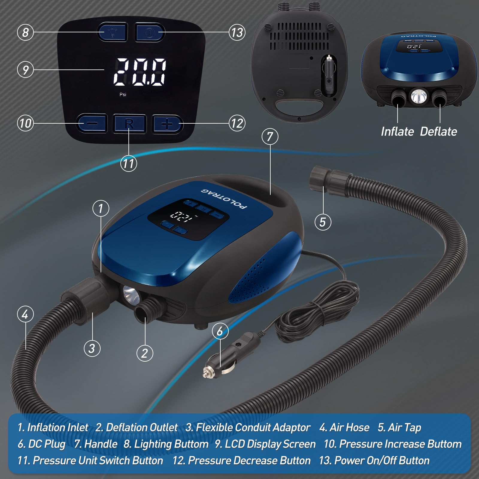 **Professional 20 PSI SUP Electric Pump - Portable Air Compressor with Auto-Off & Deflation Function, 12V DC Car Adapter for Inflatable Paddle Boards, Kayaks, Boats - Perfect for Beach, Lake & Outdoor Water Sports**