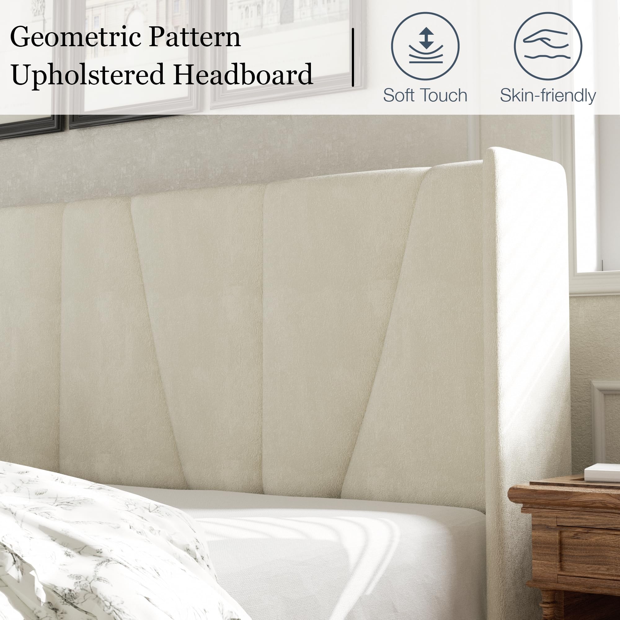 Full Size Bed Frame with Headboard - Velvet Upholstered Platform Bed Frame, Modern Mattress Foundation, Noise Free & No Box Spring Needed, Easy Assembly in Beige | Perfect for Small Bedrooms, Guest Rooms & Contemporary Home Decor