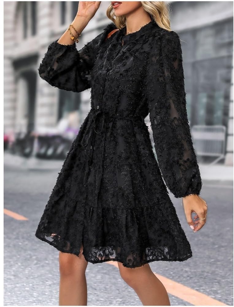 Floral Print Lace Long Sleeve Button Tunic Dress for Women - Elegant Tie Waist Maxi Dress for Office, Party & Special Occasions