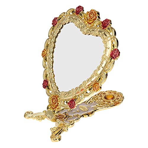 Vintage Heart-Shaped Hand Mirror with Floral Frame - Golden Vanity Makeup Mirror for Women & Girls | Perfect for Travel, Salon, Dressing Table & Gift Giving