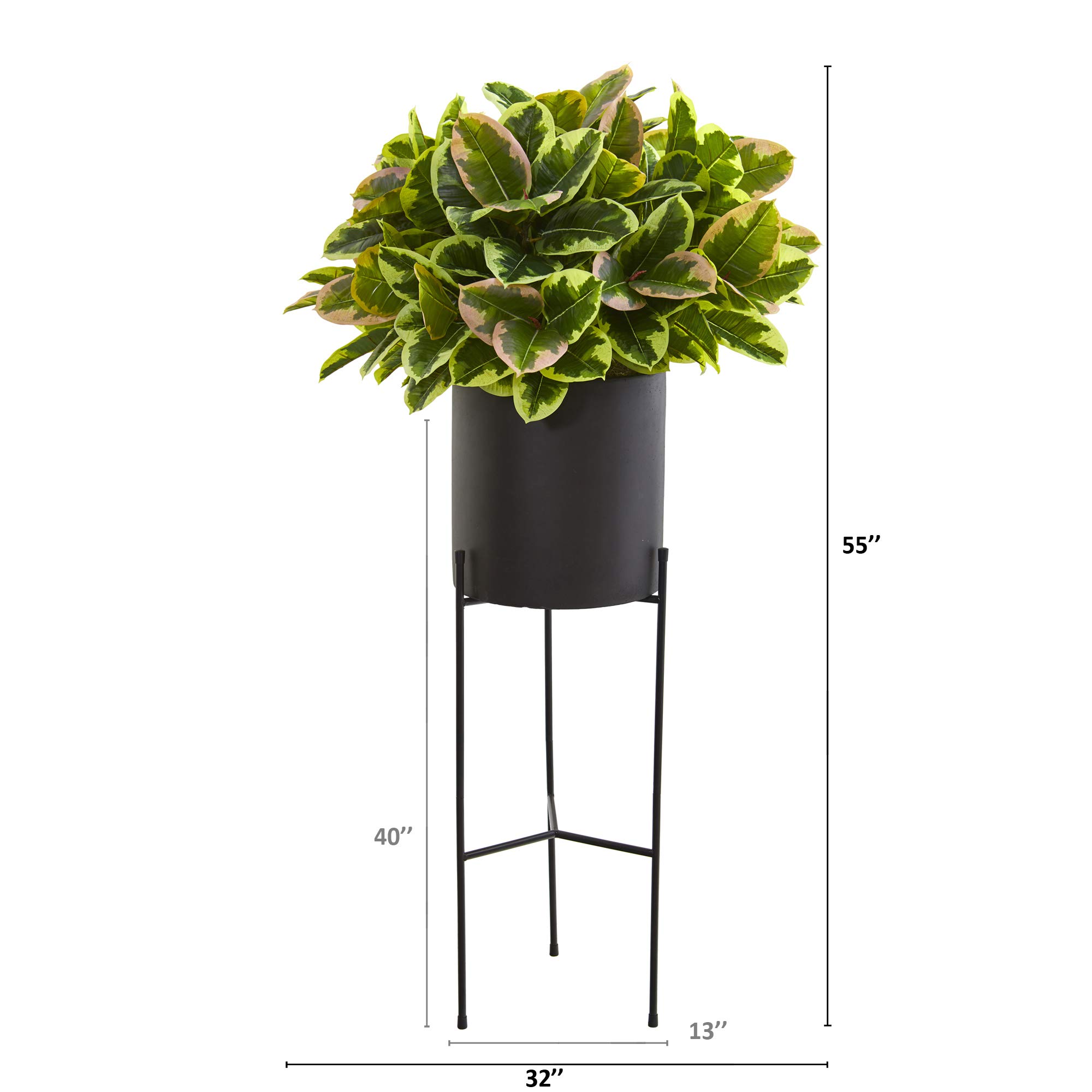 Nearly Natural 55in. Real Touch Artificial Rubber Leaf Silk Plant in Black Planter with Stand - Perfect for Home Office Decor, Living Room Greenery & Indoor Plant Lovers