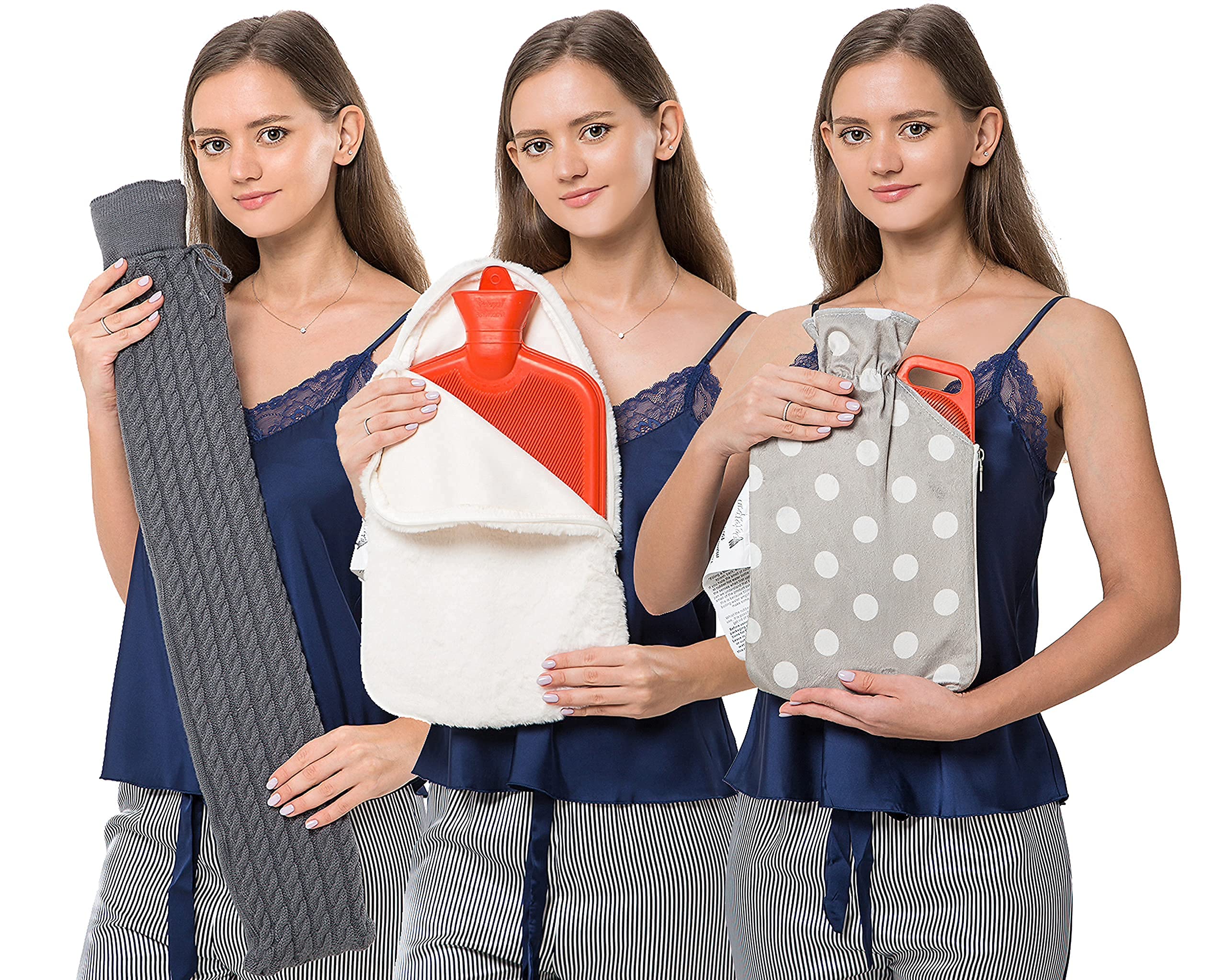 Peterpan Rubber Hot Water Bottles Set - 3 Pack Family Gift with Knit & Giant Bottle Covers - Perfect for Cold Weather Relief, Menstrual Cramps & Cozy Home Use