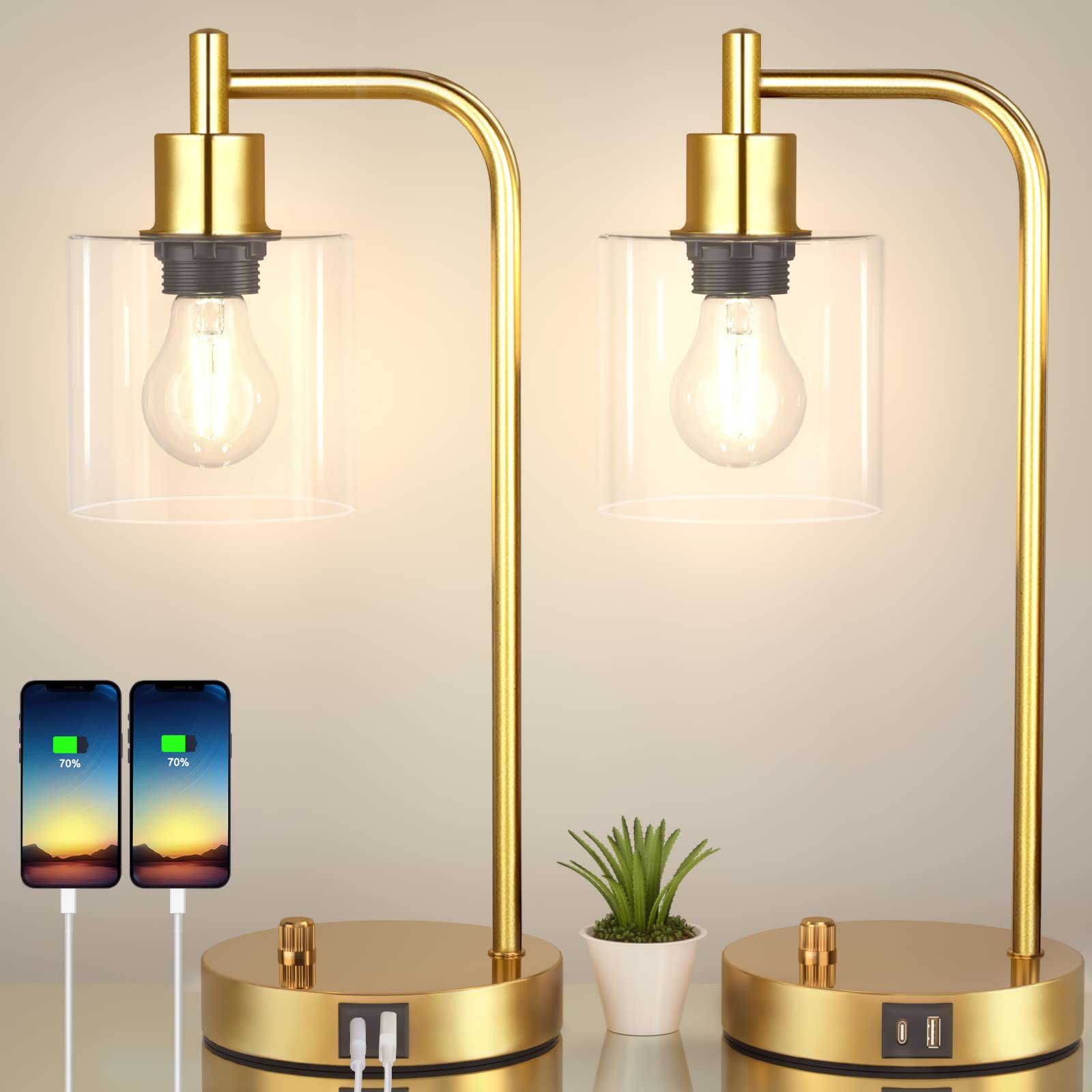Vintage Gold Industrial Table Lamps Set of 2 - USB Charging Ports, 3-Way Dimmable Desk Lamp with Glass Shade (E26 Bulb Compatible) - Perfect for Bedroom Nightstand, Living Room, Home Office & Reading Nook | LED Bedside Lighting for Cozy Ambience