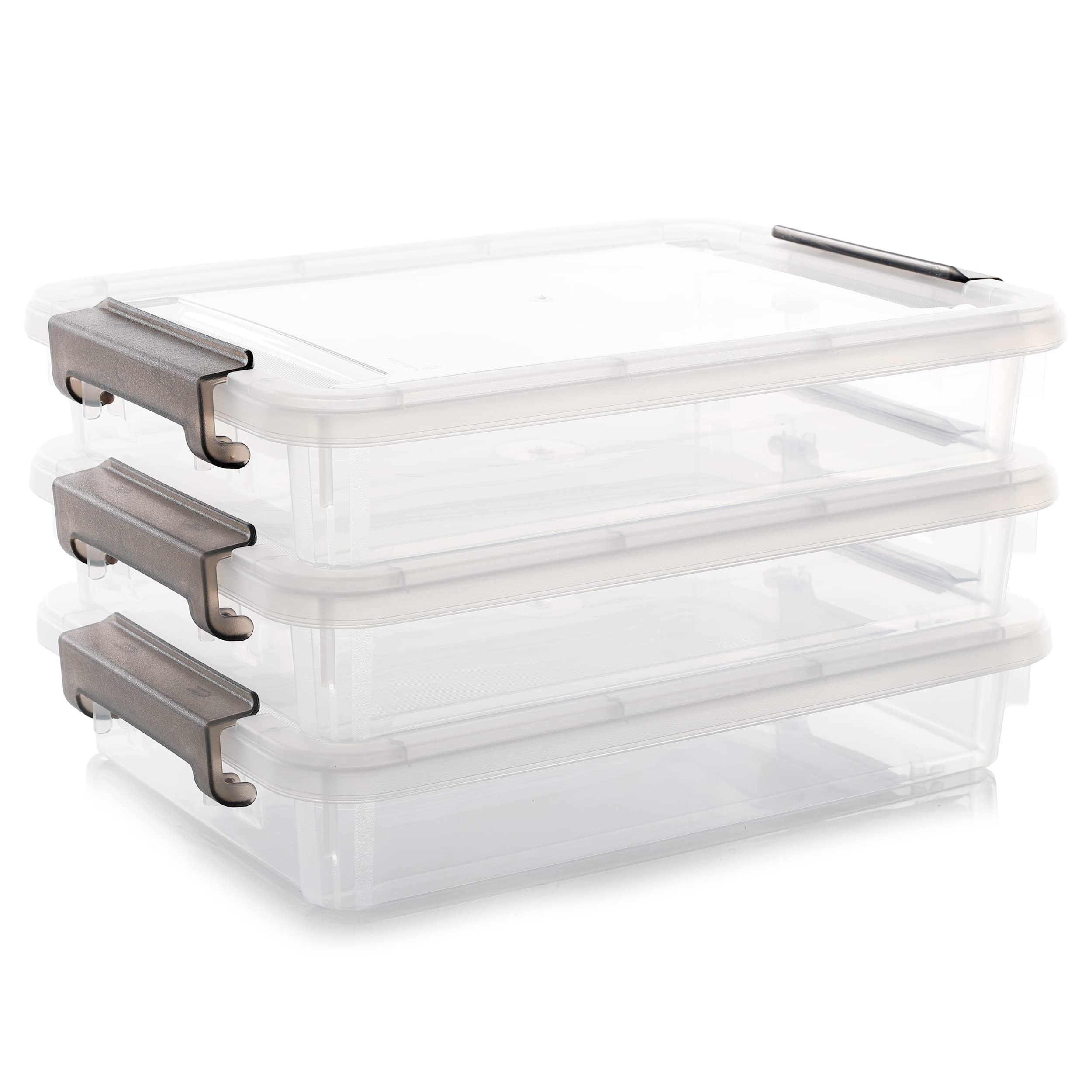 3-Piece Clear Plastic Storage Bins with Latching Lids - Stackable A4 File Box Organizer for Documents, Photos, Scrapbooks | Portable Project Case for Office, Home & Craft Room Organization