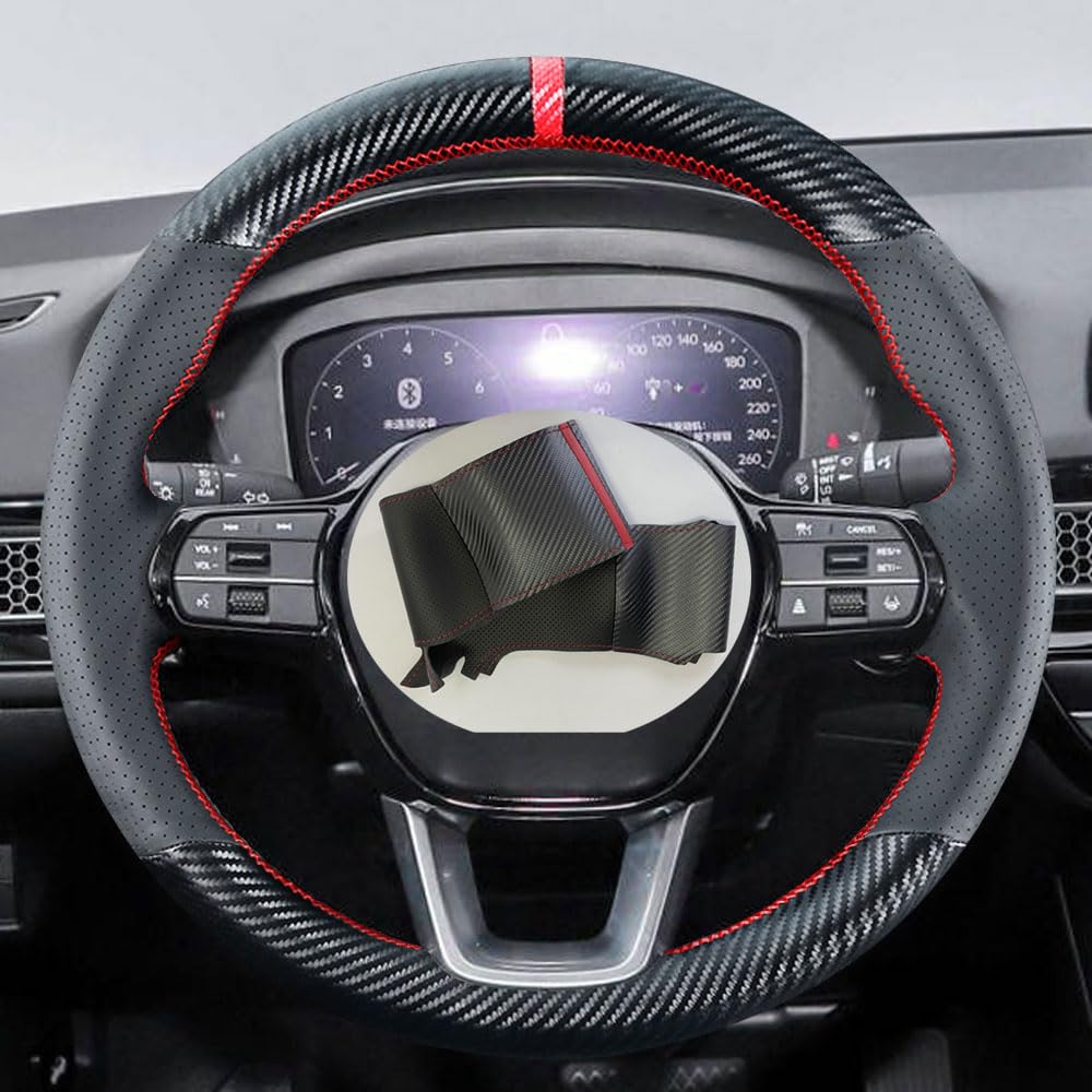 Premium DIY Carbon Fiber Steering Wheel Cover for Honda 11th Gen Civic (2022-2025) & Accord (2023-2025) - 15 Inch Leather Grip Upgrade | Enhanced Driving Comfort & Style | Perfect for Daily Commute & Sporty Driving Experience