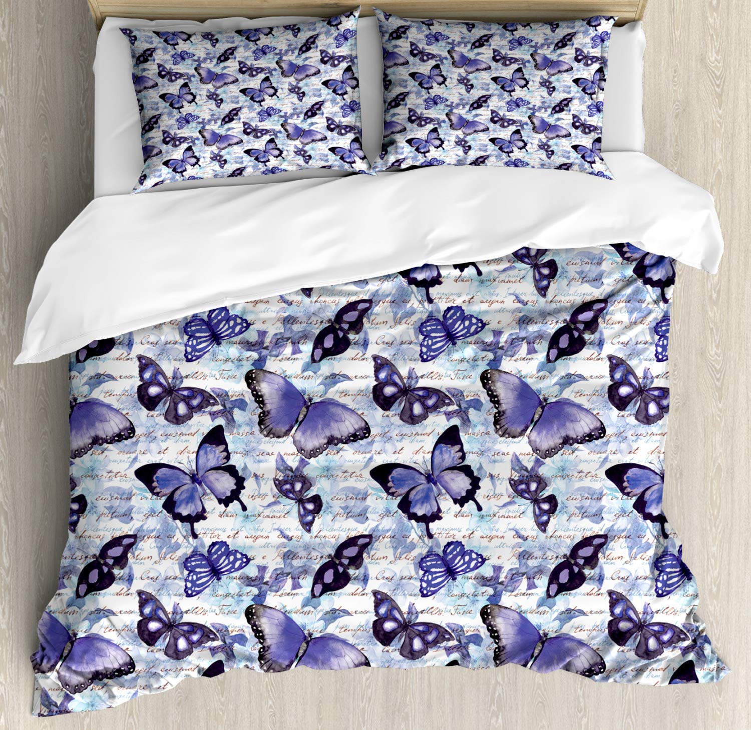 Ambesonne Retro Duvet Cover Set - Vintage Butterfly & Moth Floral Design, 3-Piece Queen Size Bedding with 2 Pillow Shams in Pale Blue Violet Black | Perfect for Bohemian Bedroom Decor & Guest Room Styling