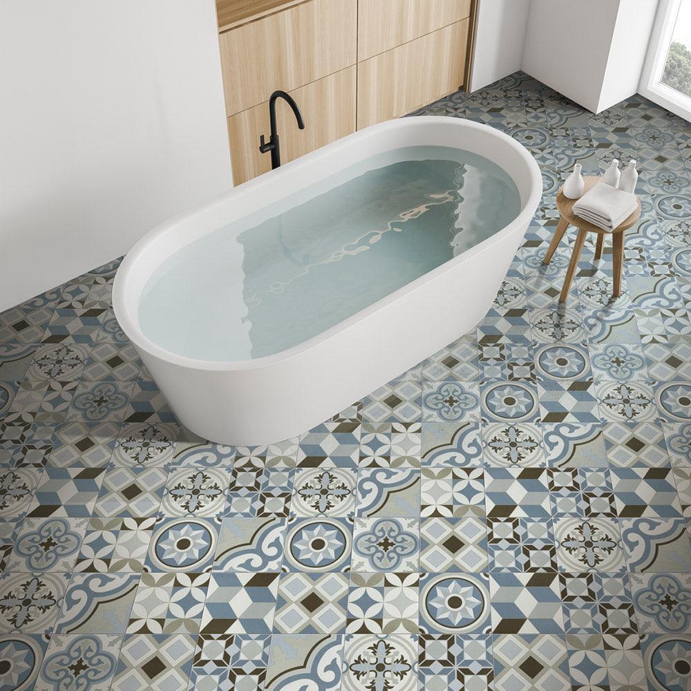 Heritage Octavia Blue Encaustic Look 200x200mm Matte Porcelain Tile - Perfect for Bathroom, Kitchen Backsplash and Flooring