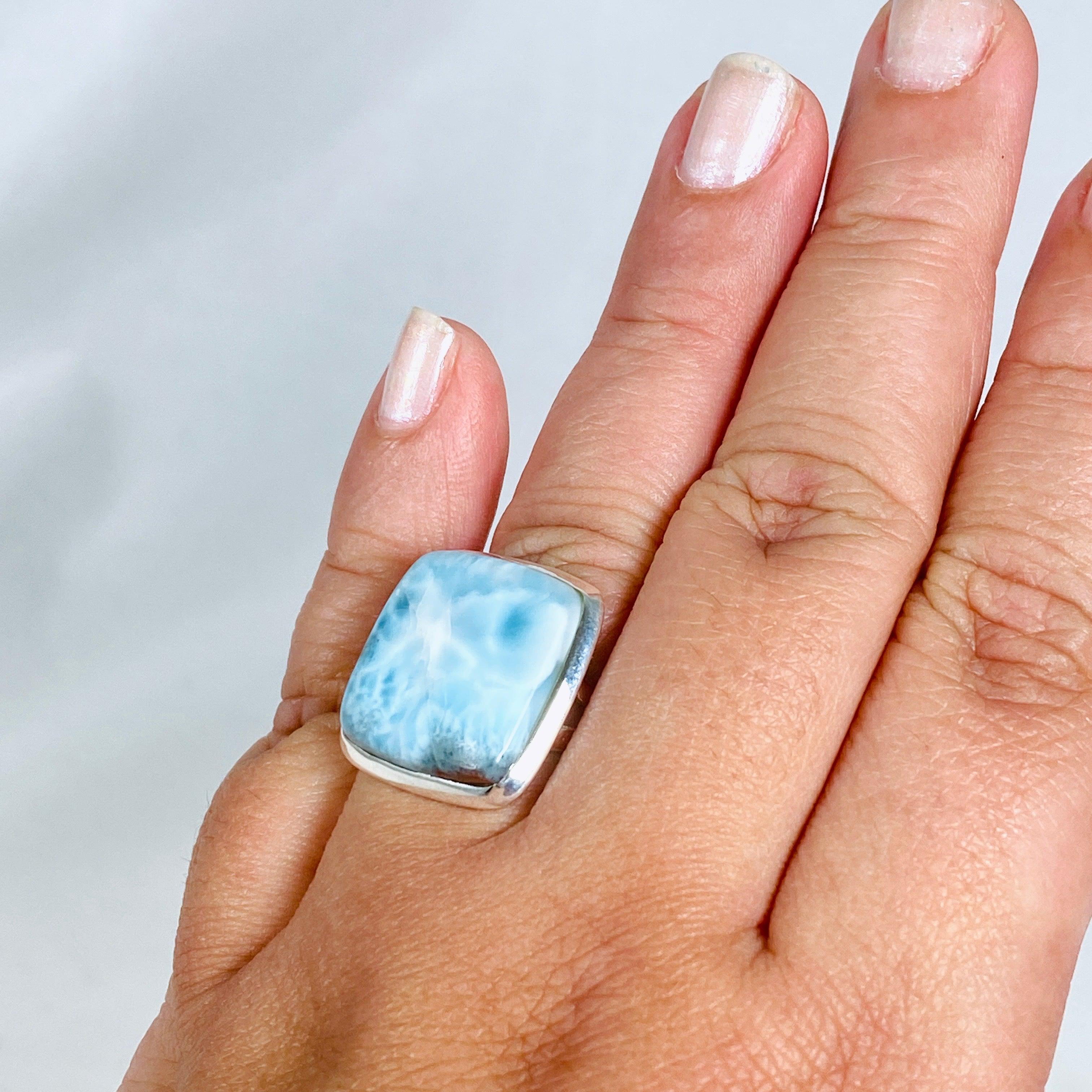 Larimar Square Ring Size 10 - Genuine Blue Stone Silver Jewelry for Women - Perfect for Beach Vacation, Boho Fashion & Gift Giving