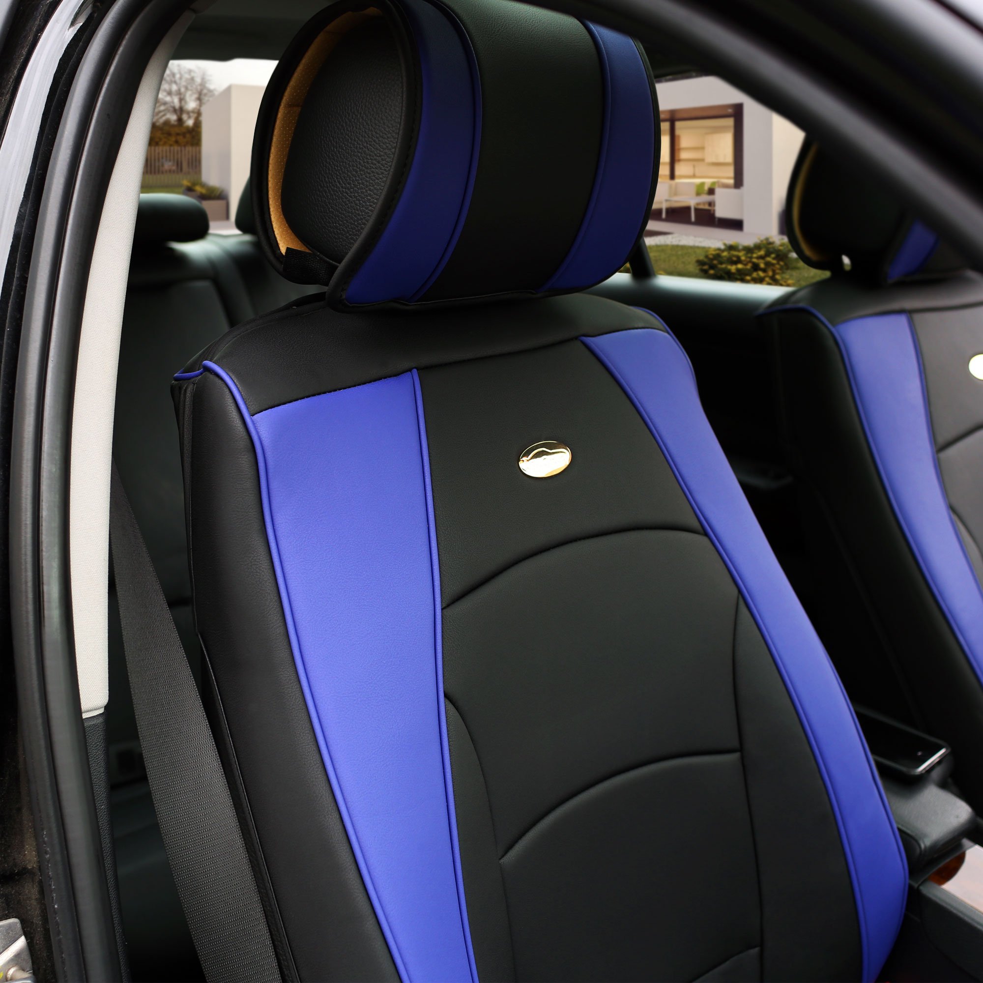 FH Group Ultra Comfort Leatherette 3-Row Car Seat Cushions - Split Design Fits Most Vehicles (SUV, Truck, Van) | Blue/Black PU205217 | Perfect for Long Road Trips & Daily Commutes