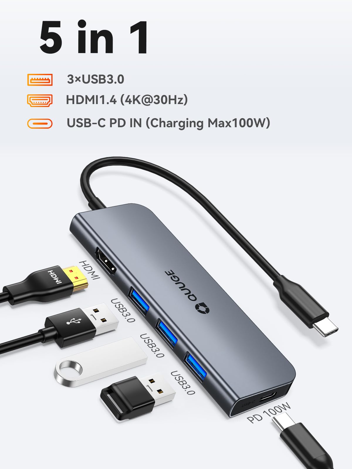 QUUGE 5-in-1 USB C Hub with 4K HDMI, 100W PD Charging, 3 USB 3.0 Ports - Ultra Slim Aluminum USB-C Adapter for MacBook, iPad, iPhone, Galaxy, Dell, Surface - Perfect for Home Office, Travel & Multi-Screen Work