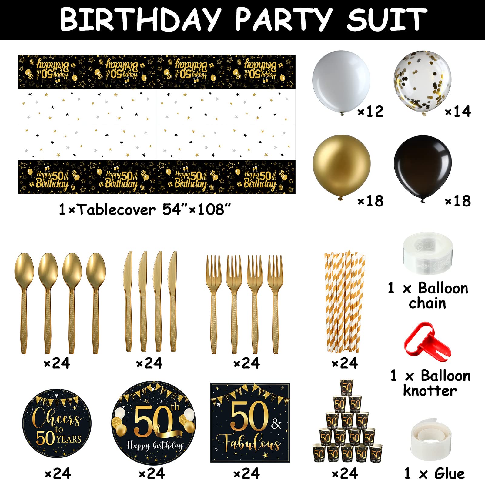 Black and Gold 50th Birthday Decorations for Men & Women - Anniversary Balloons, Tablecloth, Tableware Set for Party Guests - Perfect for Milestone Celebrations & Special Events