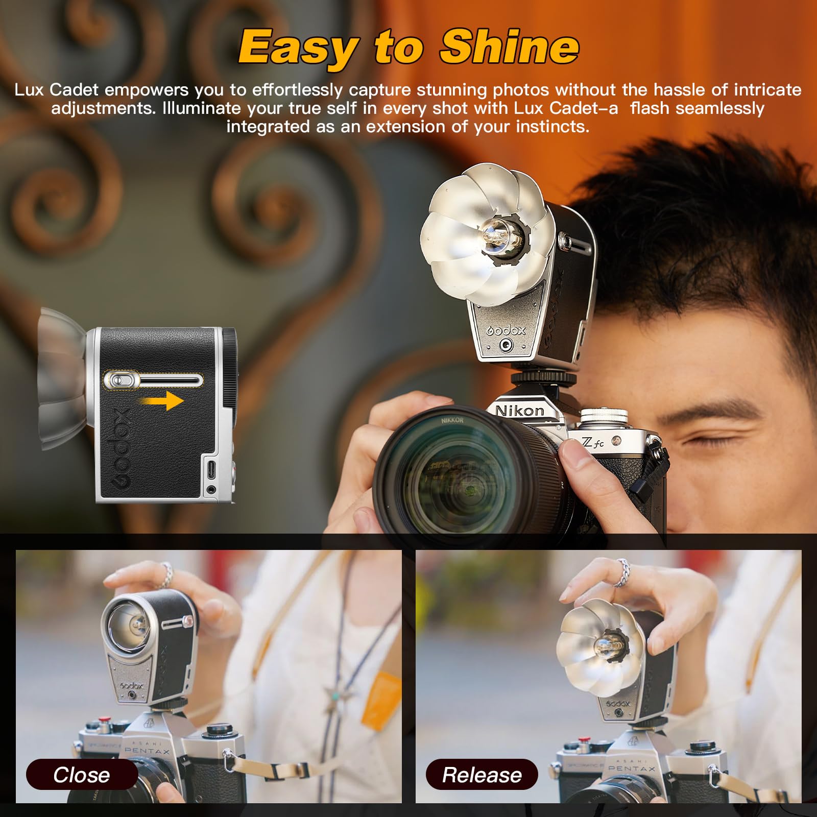 GODOX Lux Cadet Retro Camera Flash - 6200K±300K GN10 with 7 Power Levels, Auto & Manual Modes for Canon Nikon Sony Fuji Olympus DSLR - Perfect for Portrait, Wedding & Event Photography