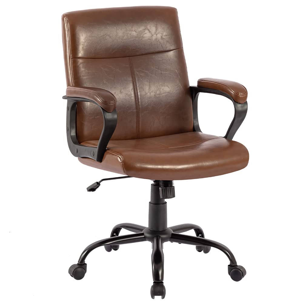 DYHOME Brown Leather Office Chair - 300 LBS Weight Capacity, Adjustable Mid Back, Ergonomic Computer Task Chair with Padded Armrests - Perfect for Home Office, Conference Rooms & Workspaces