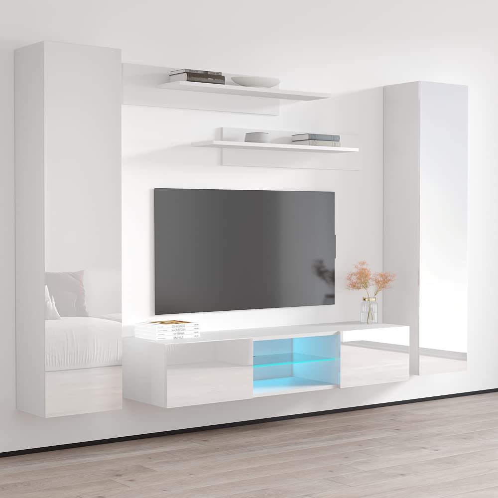 Modern White Wall-Mounted TV Stand with Storage Shelves & LED Lights - Floating Entertainment Center Console for Living Room & Bedroom - Perfect for Small Spaces & Home Theater Setup - Meble Furniture Fly AB1 33TV Stand