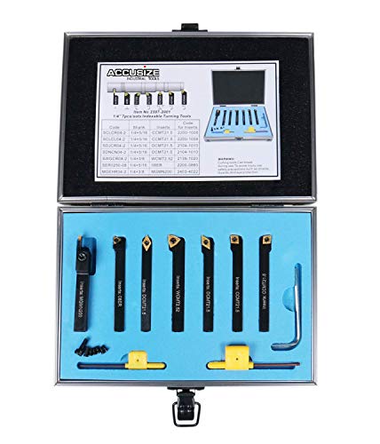 Accusize Industrial Tools 1/4'' Shank 7-Piece Indexable Carbide Turning Tool Set in Fitted Case, 2387-2001 - Perfect for Metal Lathe Turning, Machining & DIY Projects