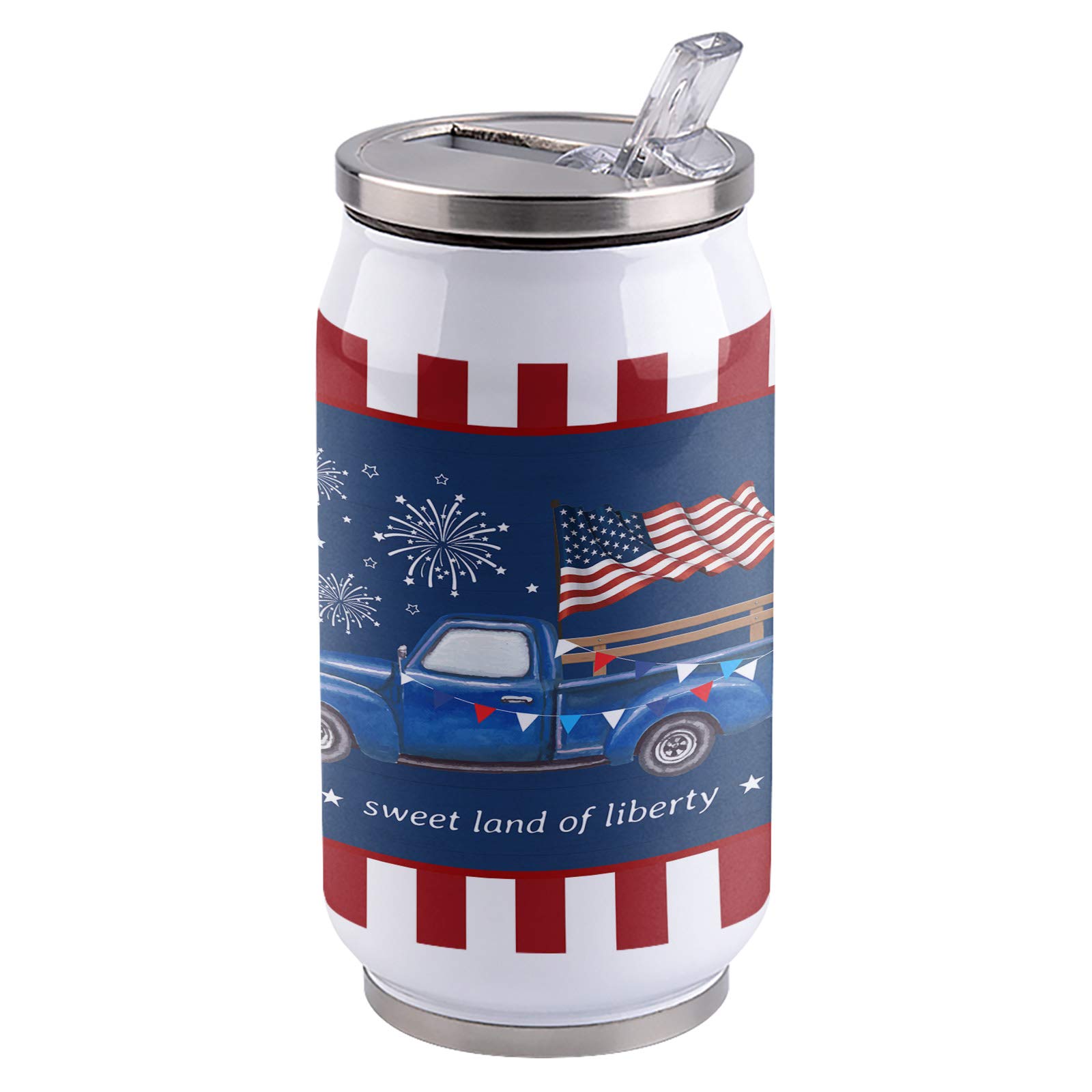 American Flag Travel Mug - 300ml Stainless Steel Tumbler with Straw & Sliding Lid for Hot/Cold Drinks - Patriotic Blue Truck Fireworks Design - Perfect for 4th of July, Camping, Office & Outdoor Adventures