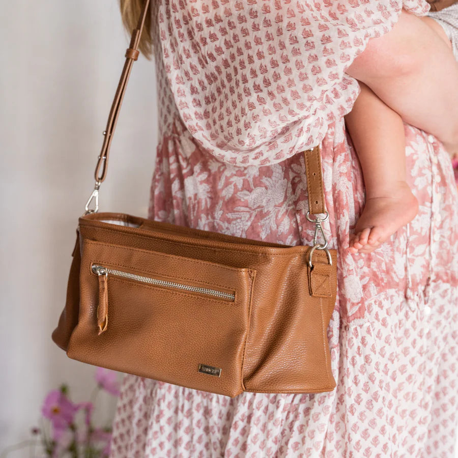 Vanchi Pram Caddy Shoulder Strap in Pebbled Tan - Durable Diaper Bag Accessory for Strollers & Baby Carriers | Perfect for Parents On-The-Go