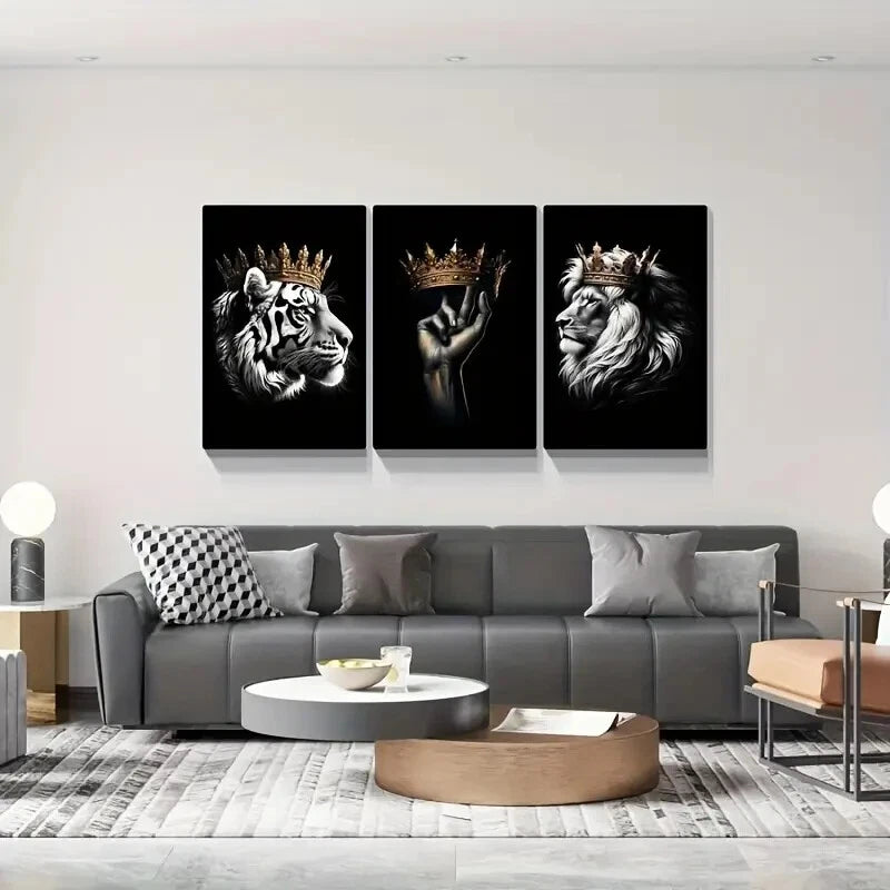 3-Piece Crowned Lion and Tiger Wall Art Set - Framed Canvas Prints 40x60cm - Premium Quality Australian Made Decor - Ready to Hang for Living Room, Bedroom or Office Decor