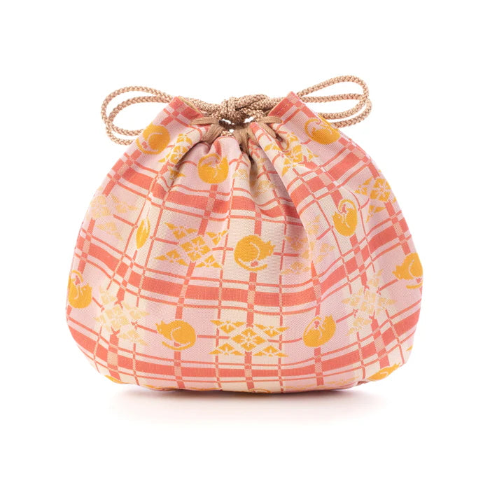 Nishijin Woven Small Drawstring Bag - Cat & Pink Design - Handmade in Kyoto Japan - Traditional Japanese Craft Purse for Women - Perfect for Cosplay, Gifts, and Everyday Use