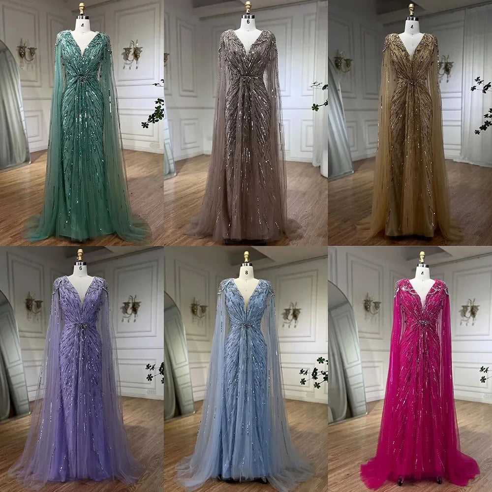 Elegant Turquoise Mermaid Beaded Evening Gown with Detachable Cape - LA72168A | Perfect for Prom, Gala, Wedding & Formal Events