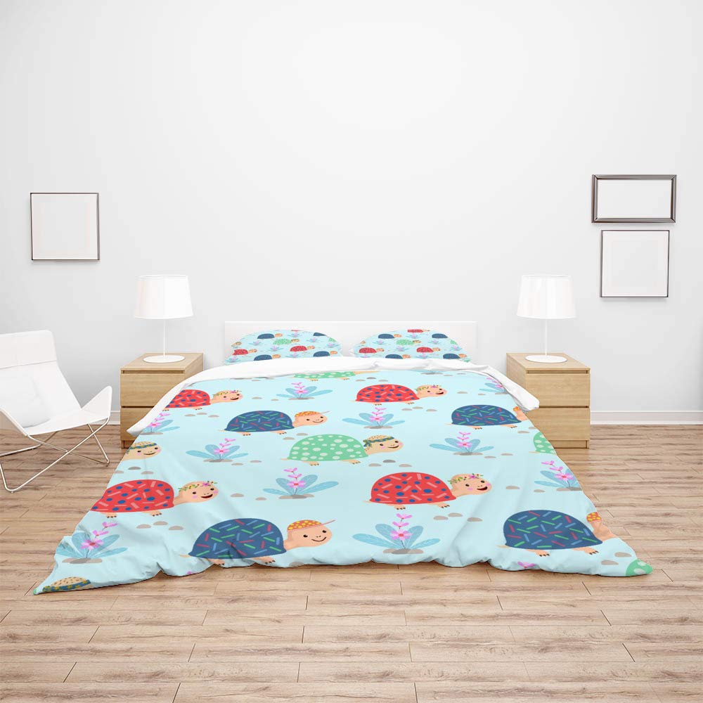 Sea Turtle Cartoon Twin Size Duvet Cover Set - Floral Pattern Blue Bedding with Zipper Closure, Corner Ties & Pillow Sham (2-Piece) | Perfect for Kids' Rooms, Beach Themed Decor & Ocean Lovers