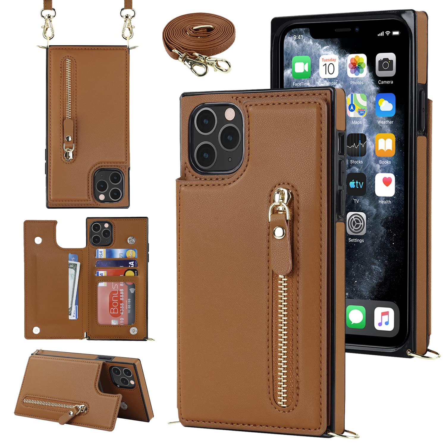 YDIJCYAN Leather Crossbody Phone Case for iPhone 11 Pro Max (6.5 inch) - Wallet Card Holder with Adjustable Strap & Button Closure - Protective Brown Leather Case for Women & Men - Perfect for Travel, Shopping & Daily Use