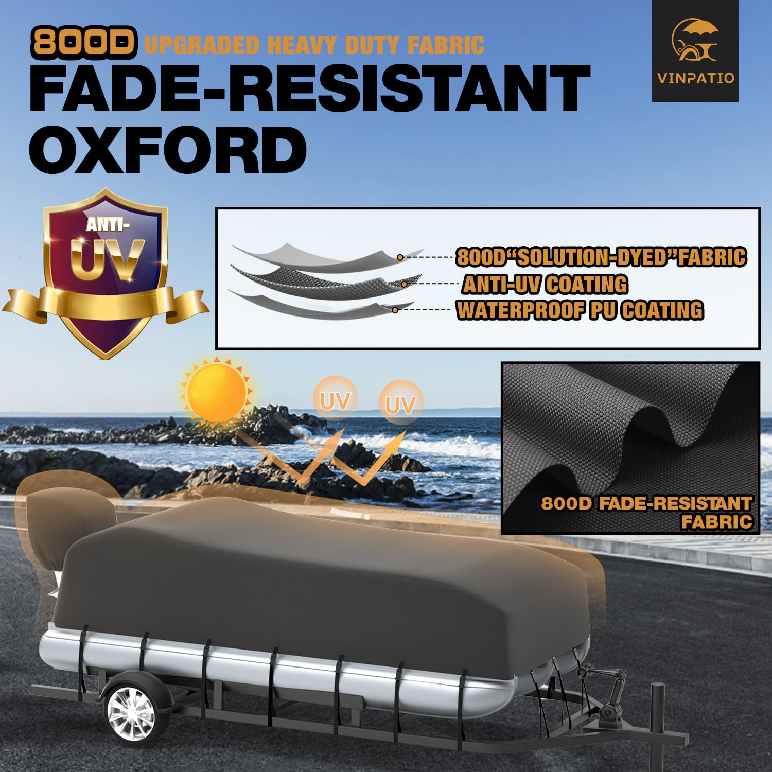 Heavy Duty 800D Marine Grade Pontoon Boat Cover with Motor Cover - UV Resistant & Waterproof Solution-Dyed Polyester - Fits 17' to 20' Length Boats (Grey) - Perfect for Outdoor Storage, Dock Protection & Winter Boat Covering