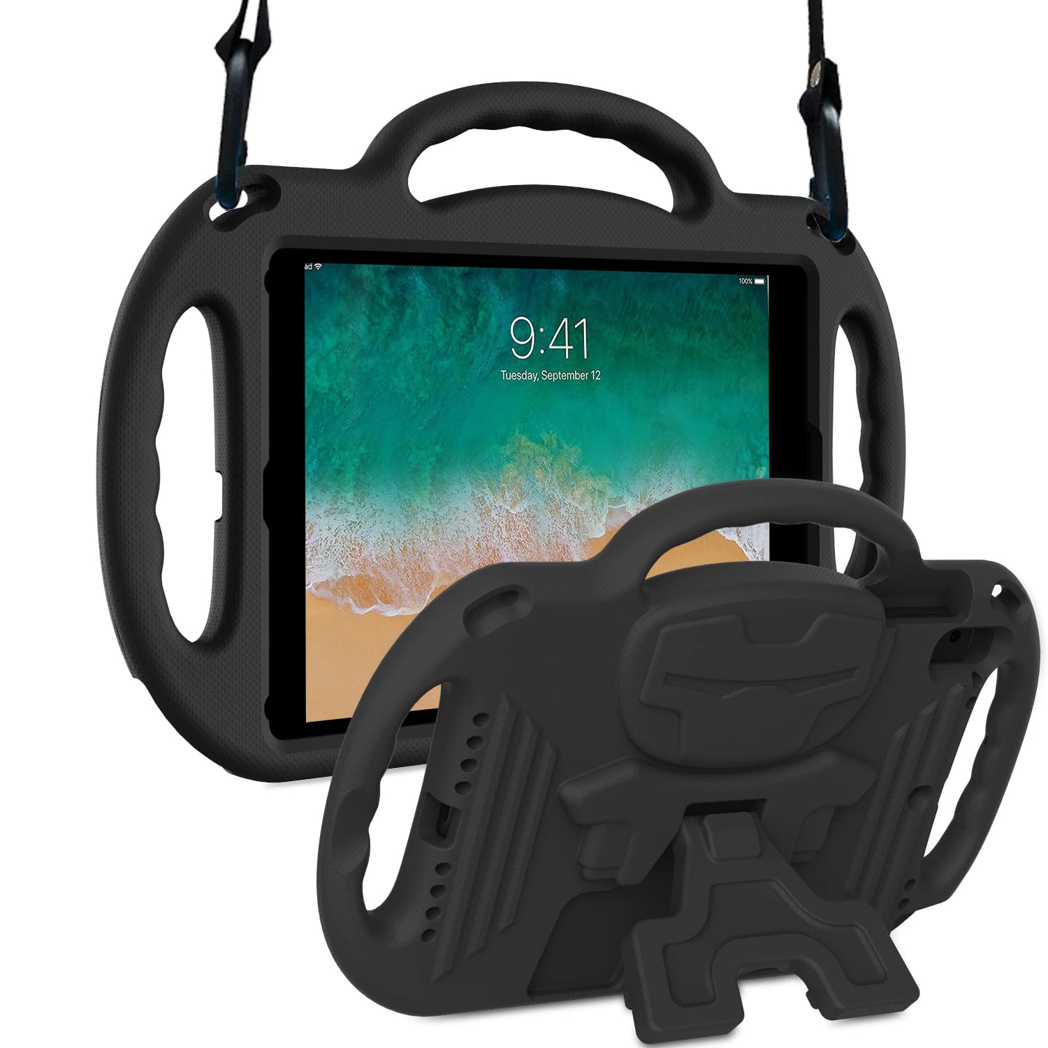 SUPNICE Shockproof iPad Case with Shoulder Strap & Handle - Compatible with iPad 6th/5th Gen (9.7 inch 2018/2017), iPad Air 2/1/Pro - Lightweight Protective Cover for Kids, Travel & School Use - Black