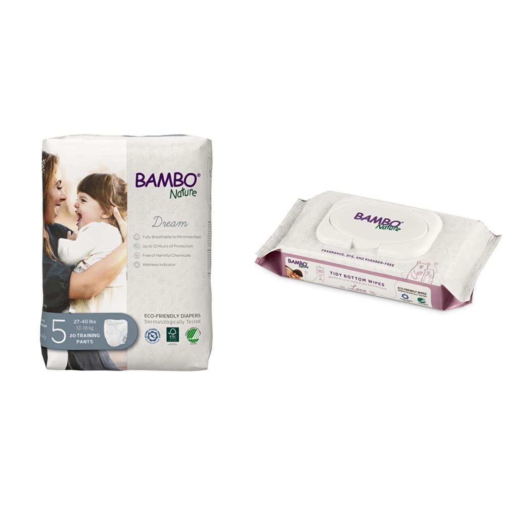 Bambo Nature Premium Eco-Friendly Training Pants Size 5 - 100 Count & Bambo Nature Tidy Bottoms Biodegradable Baby Wipes 1200 Count Bundle | Gentle for Sensitive Skin, Perfect for Potty Training & Diaper Changes