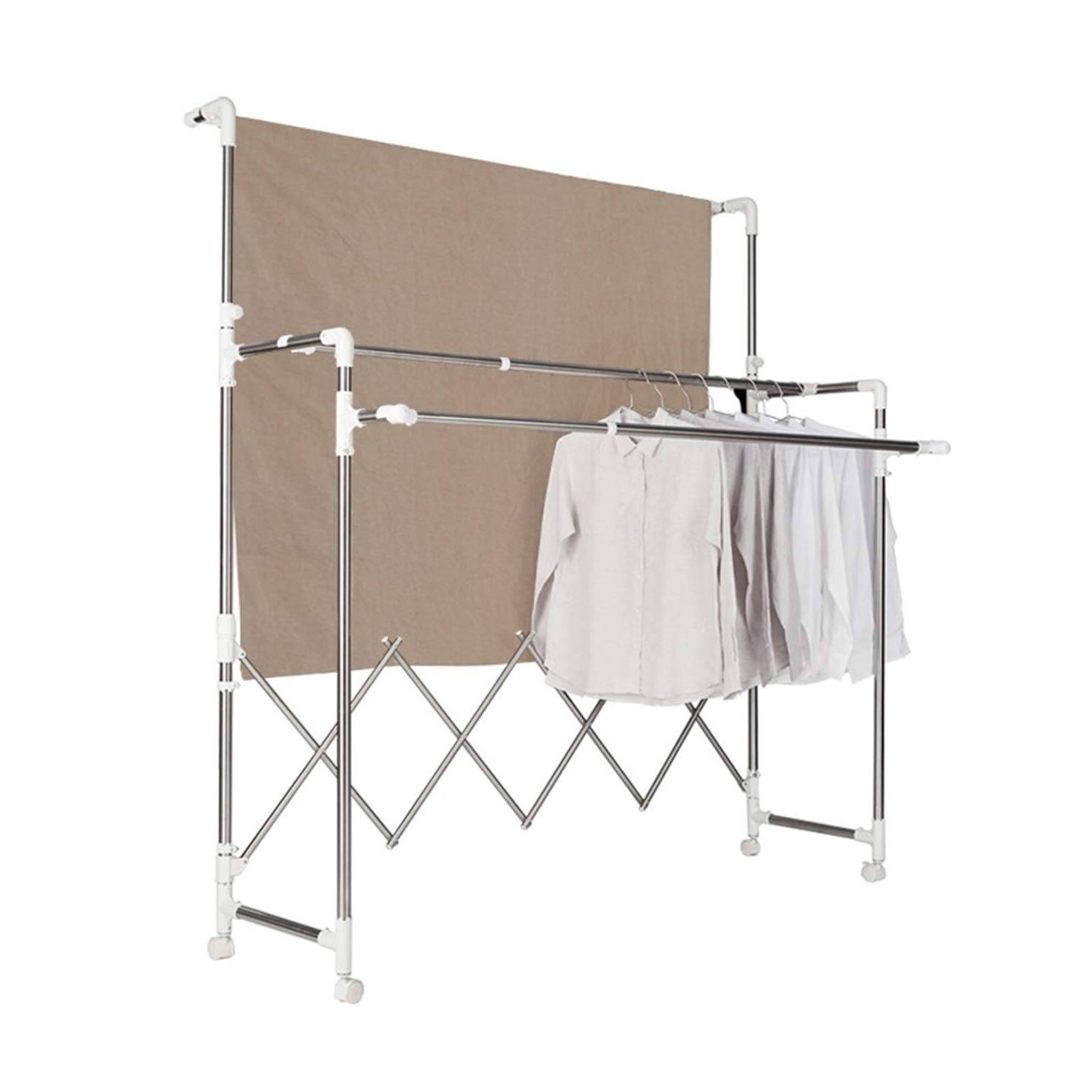 Adjustable Height Stainless Steel Clothes Drying Rack - Double Pole Folding Laundry Hanger with Universal Wheels & Side Wings - Indoor Outdoor Garment Airer for Bedroom, Balcony, Apartment, Camping & Travel