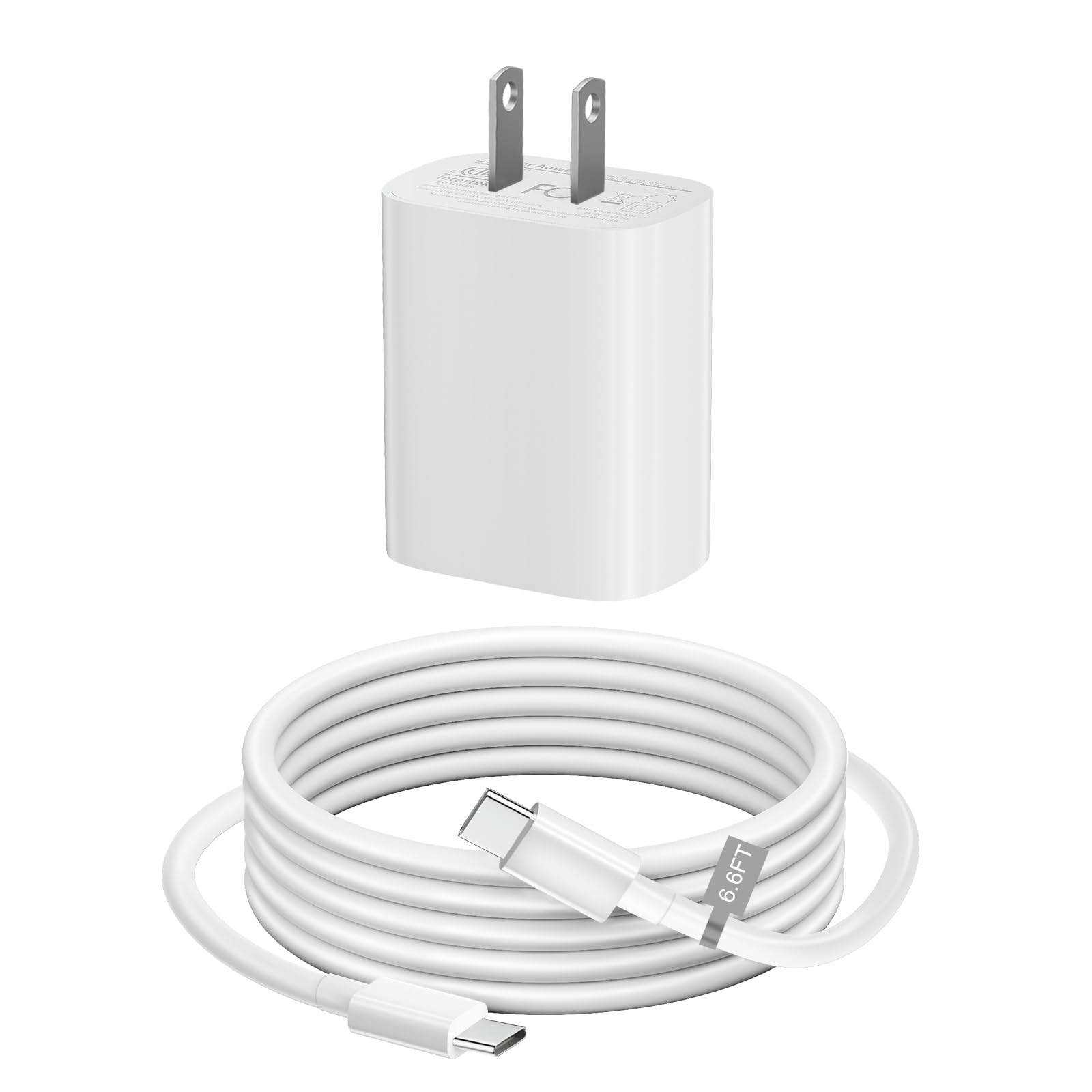 20W USB C Fast Charger for iPhone 15/Pro/Pro Max/Plus - 6.6ft USB C to C Cable Included - Compatible with iPad Pro 12.9/11/10.9 inch, iPad Mini 6, iPad Air 5/4 - White Wall Charger Block (1 Pack) - Perfect for Home, Office & Travel Charging