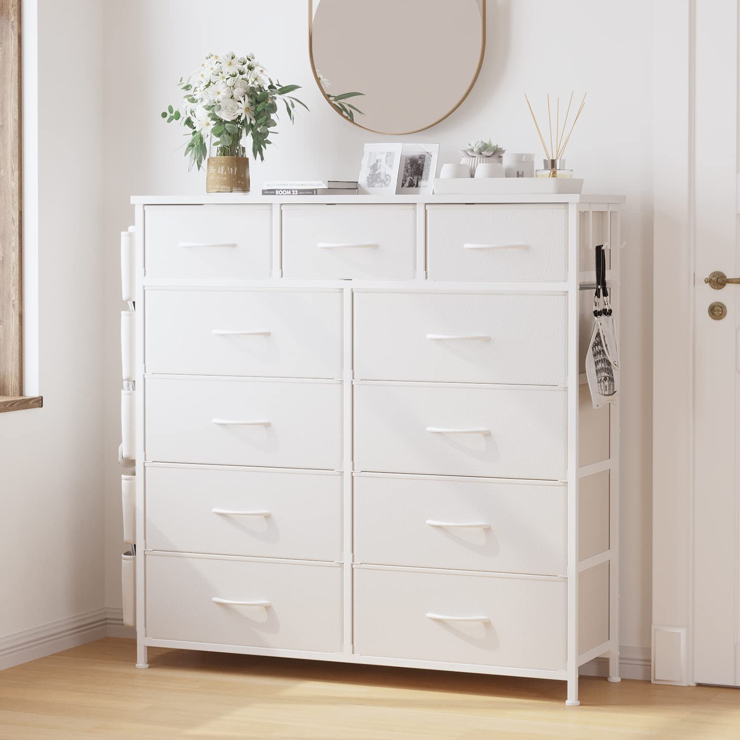11-Drawer Dresser for Bedroom with Side Pockets & Hooks - Wood Top Steel Frame Fabric Storage Organizer with Pull Handles | Perfect for Closet Organization & Small Space Bedroom Storage