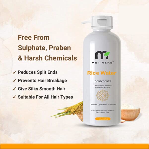 MET HERB Rice Water Hair Conditioner - 200ml | Natural Hair Treatment for Shine & Growth | Perfect for Dry, Damaged & Frizzy Hair at Home or Salon