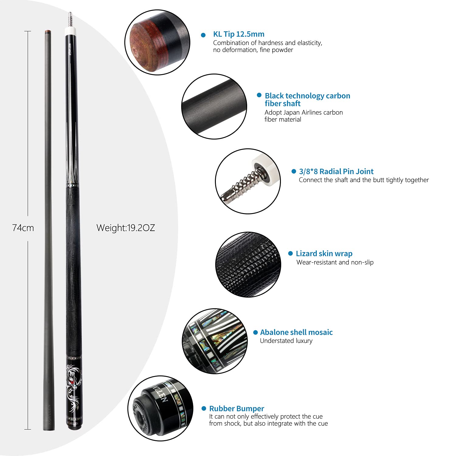 KONLLEN Carbon Fiber Pool Cue Stick – Professional Low Deflection Billiard Cue with Hand-Made Inlay, Ultra-Smooth Design for Precision Shots | Perfect for Tournaments, League Play & Home Pool Tables