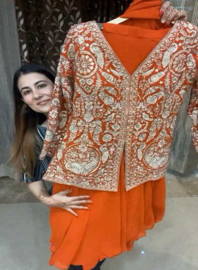 Orange Chinon Embroidered Short Kurti with Palazzo Pants & Dupatta Set | Indian Ethnic Wear for Women | Perfect for Festivals, Weddings & Casual Outings