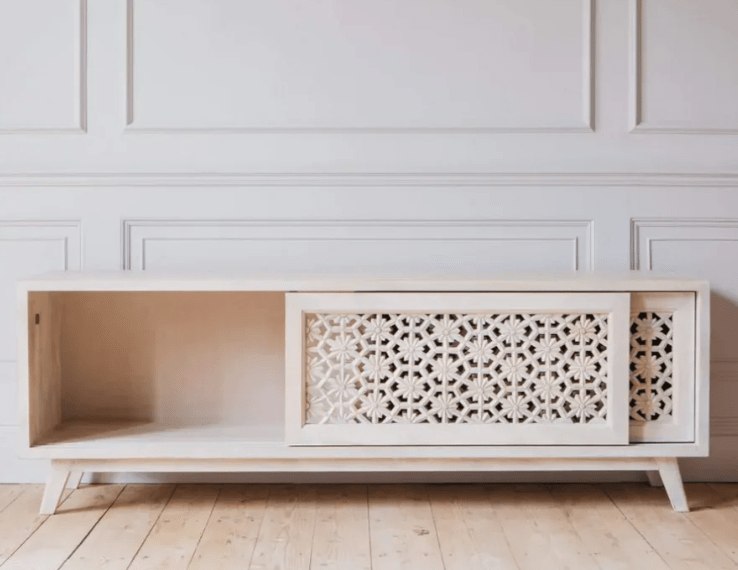Hand Carved Solid Wood TV Stand Console - White Media Entertainment Unit for Living Room & Home Theater