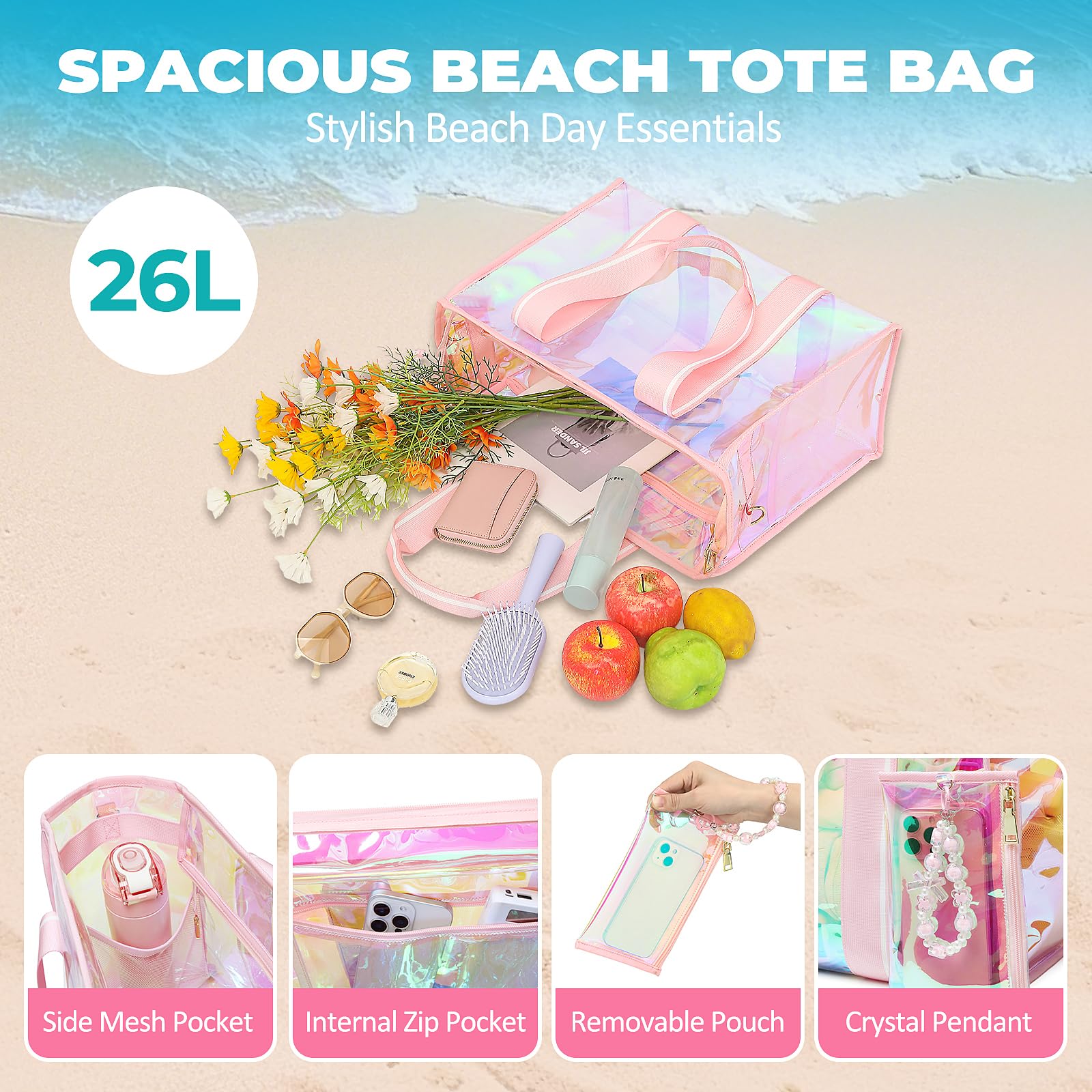 Large Beach Tote Bags for Women - 26L Waterproof Iridescent Clear Tote Bag with Tip-Proof Design | Perfect for Beach, Pool, Gym & Travel Accessories