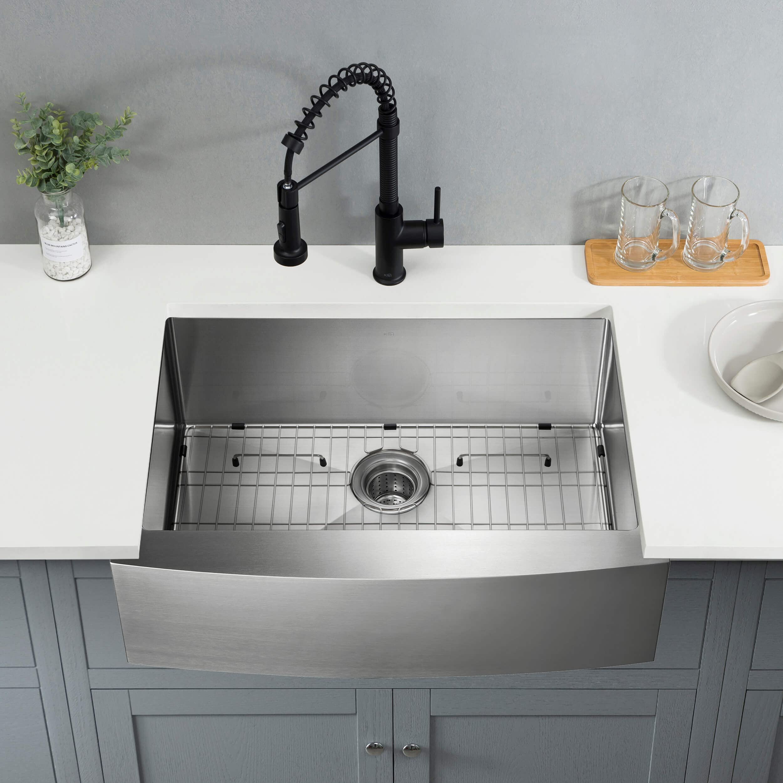 KIBI 30-Inch Farmhouse Kitchen Workstation Sink - Single Bowl Apron Front Stainless Steel Sink with Bottom Grid, Strainer & 10