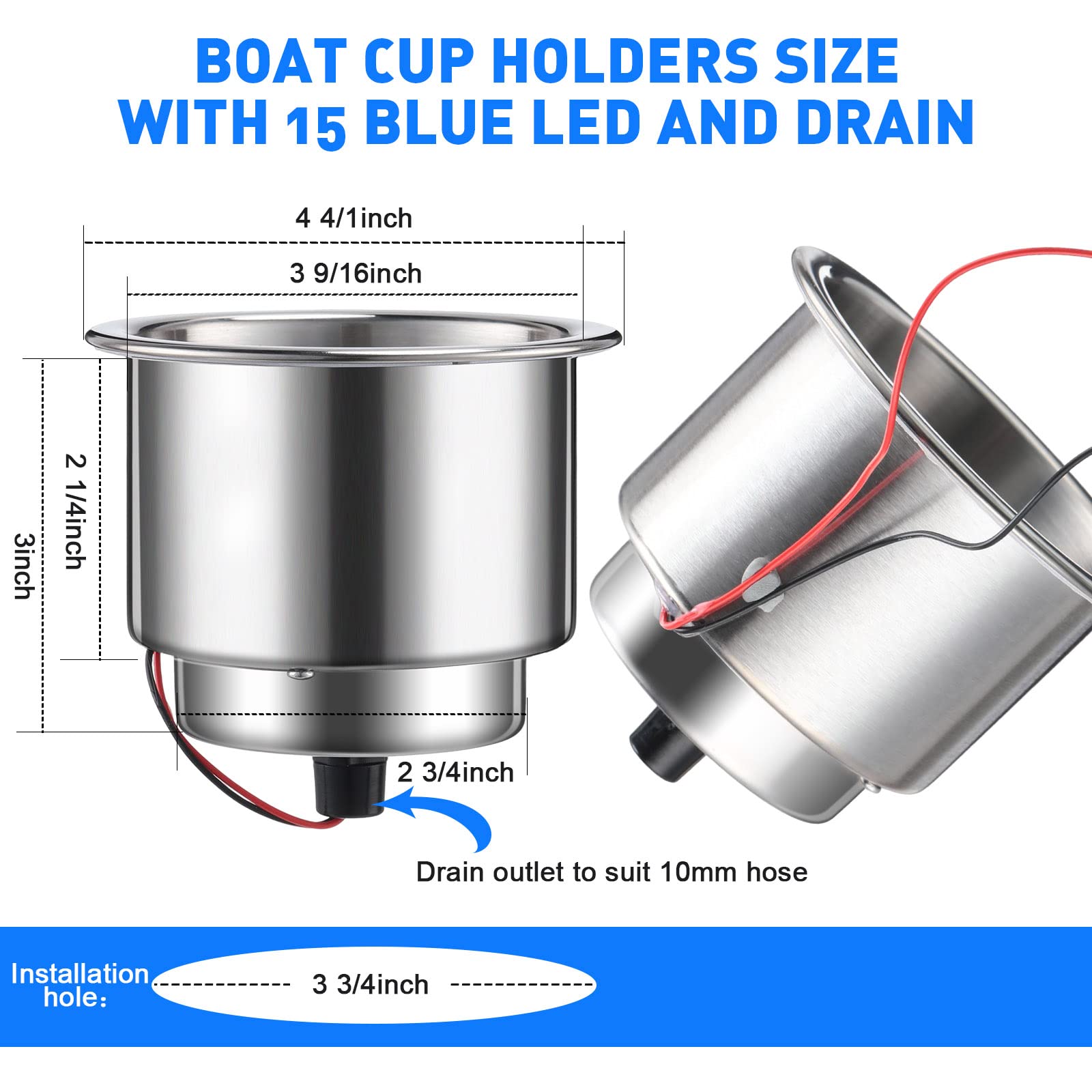 6-Pack LED Cup Holder Inserts with Drain - Stainless Steel Marine Drink Holders for Boat, Yacht, Car, Camper, Truck & RV - Blue Ambient Lighting for Night Driving & Party Decor
