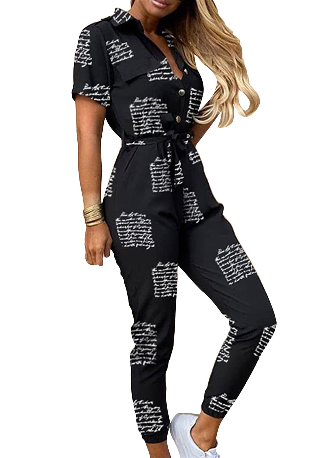 YMING Women's Casual Short Sleeve Jumpsuit - Summer Lapel Collar Romper Overalls with Belt - Plus Size Outfit for Beach, Vacation & Casual Wear
