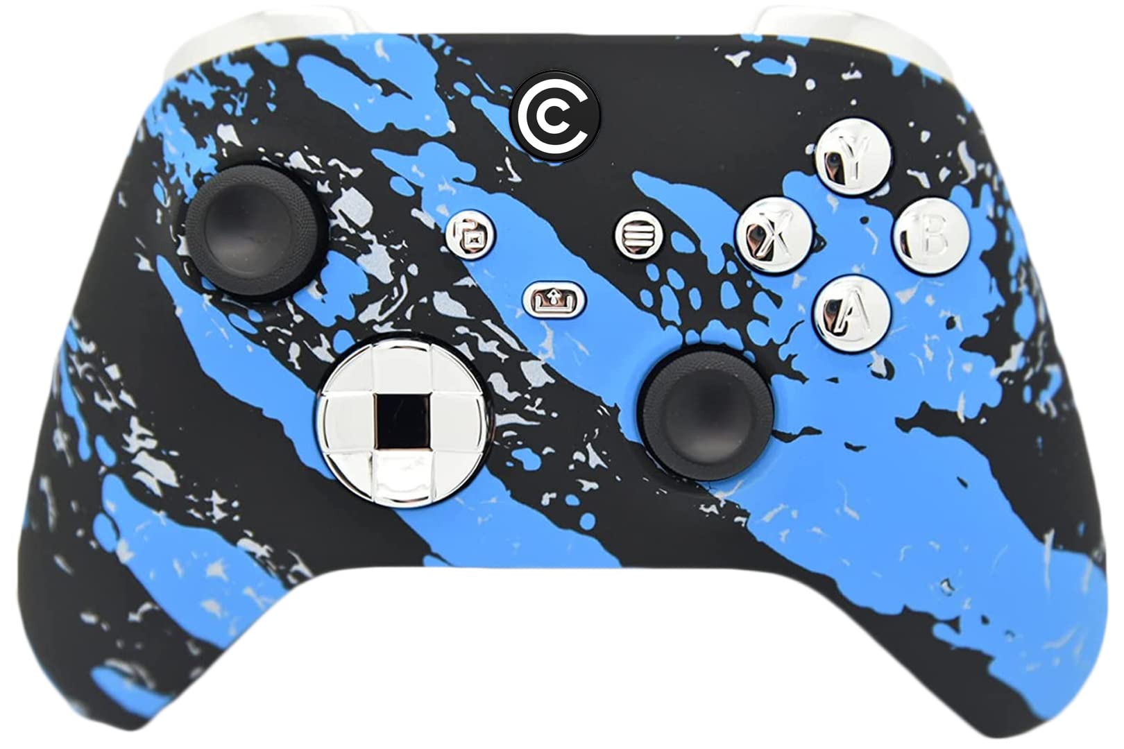 Custom Wireless Gaming Controller for PC, Windows, Xbox Series X/S & Xbox One - Blue Splatter & Silver Chrome Designs | Pro Gaming, Streaming & Esports Accessory