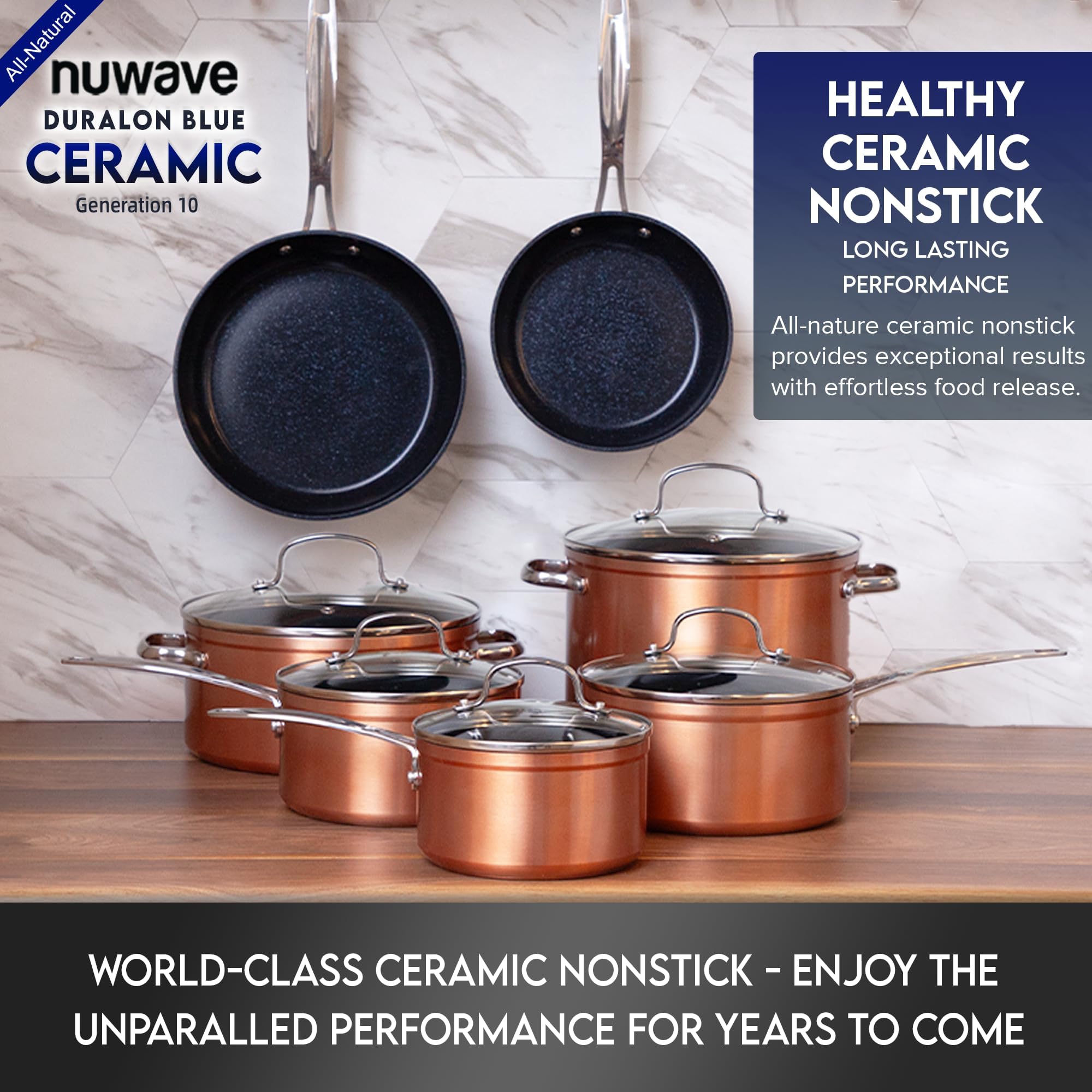 Nuwave Healthy Duralon Blue Ceramic Nonstick Cookware Set - Diamond Infused Scratch-Resistant, PFAS-Free, Dishwasher & Oven Safe, Induction Compatible, Even Heat Distribution with Tempered Glass Lids & Stay-Cool Handles - Perfect for Healthy Cooking, Frying, Baking & Everyday Meal Prep