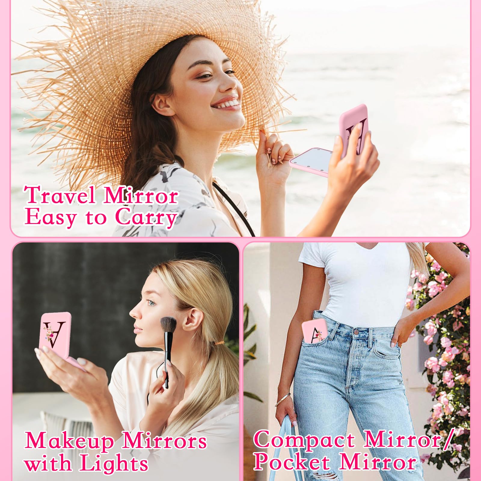 LED Travel Mirror with Lights - Personalized Initials, Portable Compact Makeup Mirror for Women & Teen Girls - Perfect for Travel, Birthday Gifts & School Essentials | Dorm Room, Makeup Vanity & On-the-Go Use