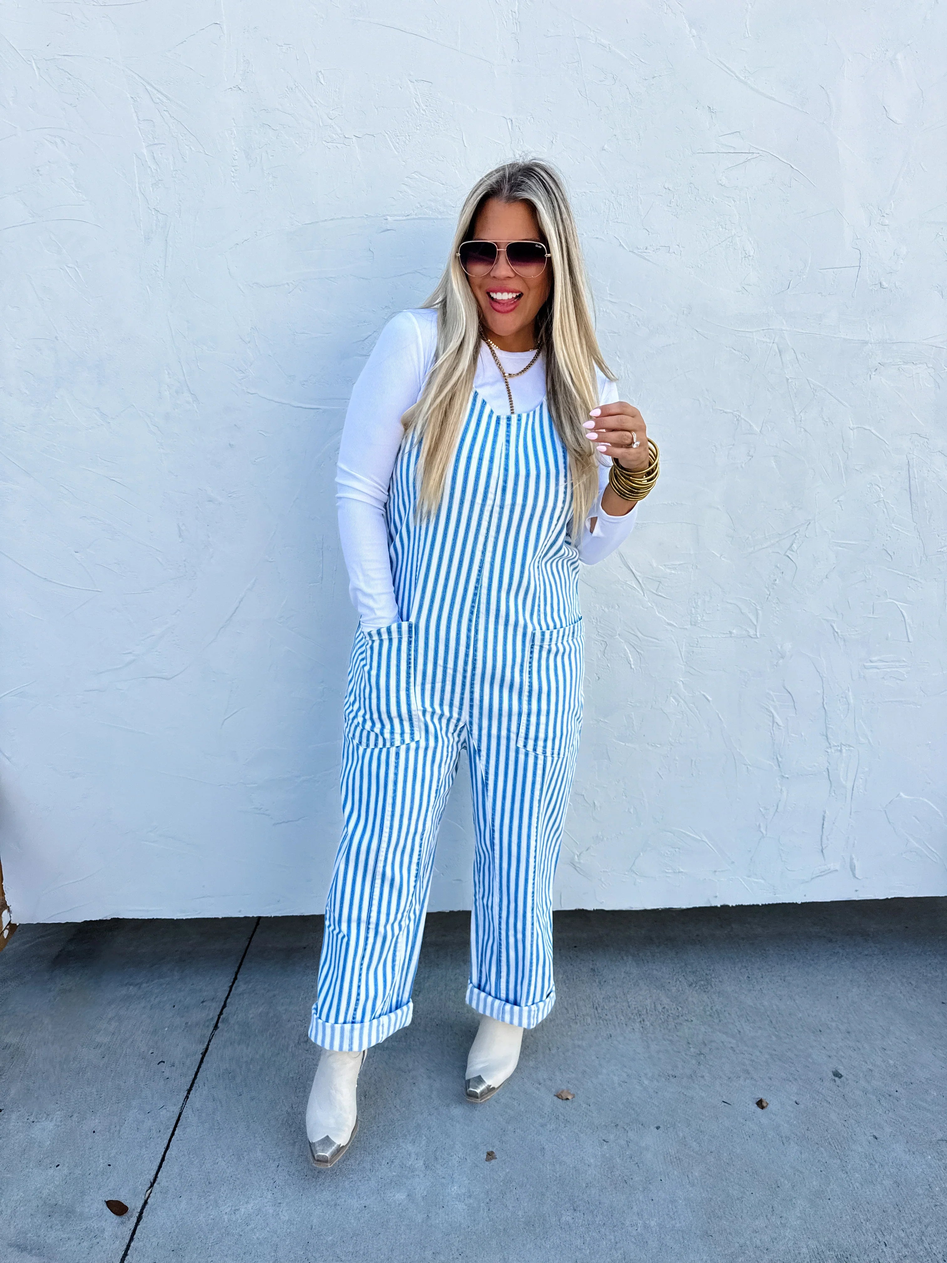 Blue Stripe Britte Romper Overalls for Women - Cute Denim Jumpsuit with Adjustable Straps | Perfect for Summer Outfits, Casual Wear & Outdoor Activities