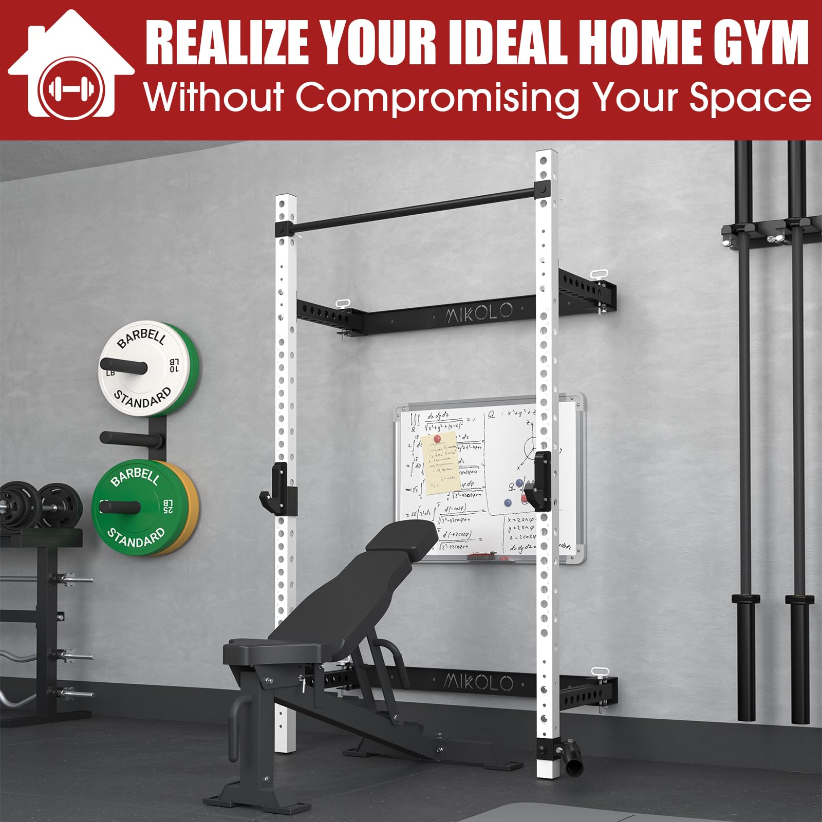 Mikolo Wall Mounted Squat Rack - Foldable Power Cage with Lat Pulldown & Cable Crossover System, Heavy Duty Home Gym Equipment for Strength Training & CrossFit Workouts (Space Saving Design for Small Home Gyms)