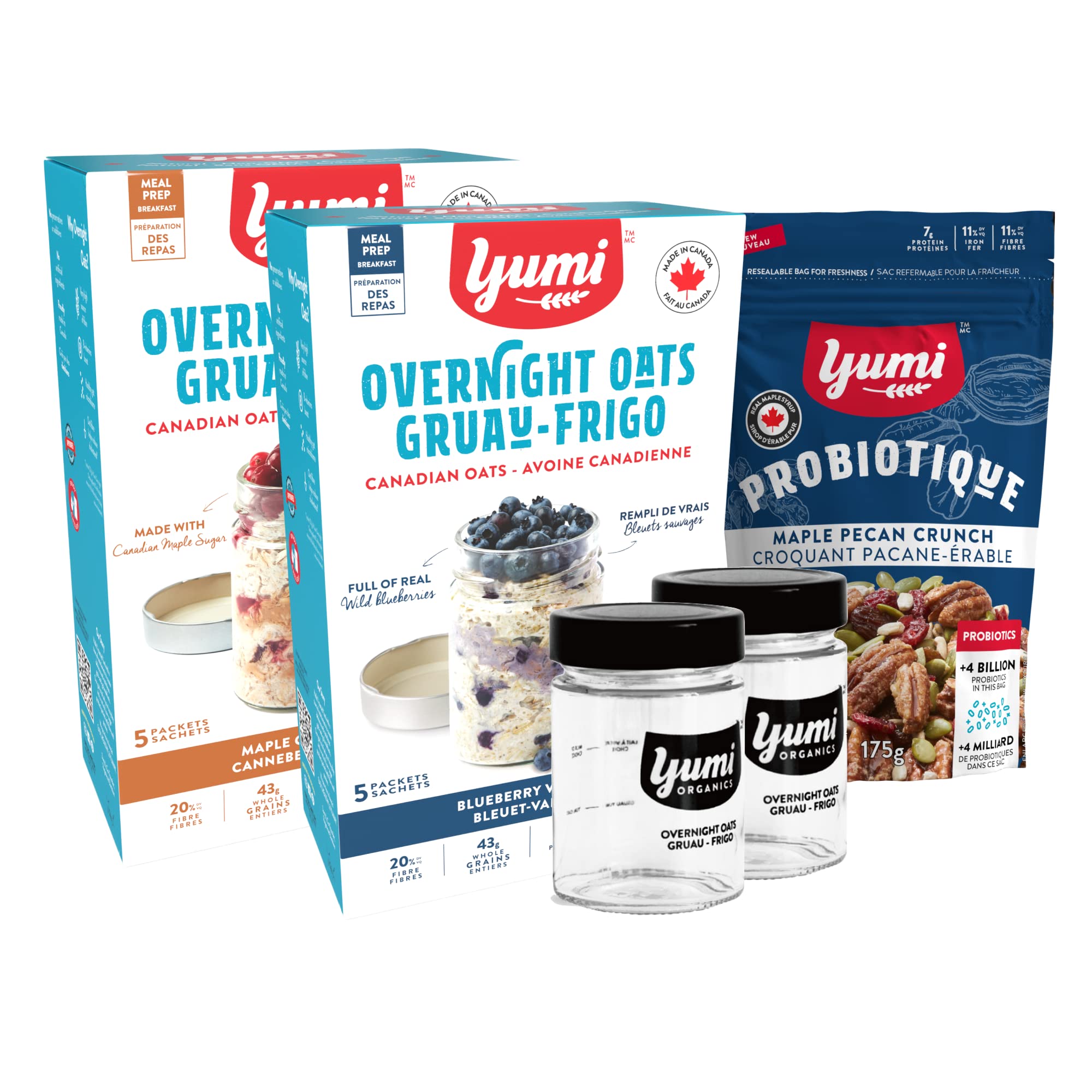 Yumi Organics - High Protein & Fiber Overnight Oats Bundle | Low Sugar Organic Oatmeal (11 Pack + 2 Free Glass Jars) | Perfect for Breakfast, Meal Prep & On-the-Go Snacks