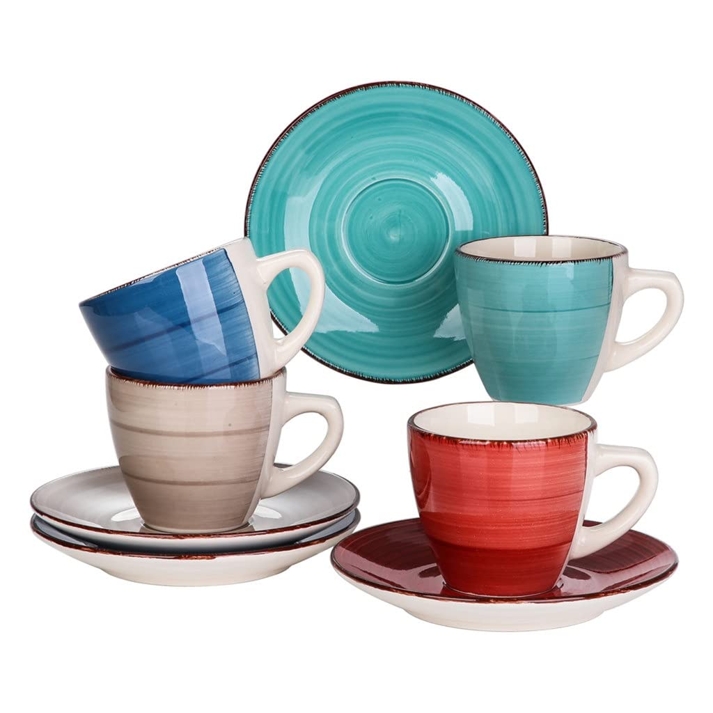 8-Piece Ceramic Coffee Cup Set - 4 Mugs & 4 Saucers (200ML) - Durable Drinkware for Home, Office & Cafe Use - Perfect for Espresso, Latte & Tea - 4 Color Options