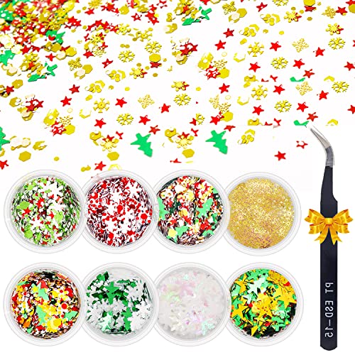 JOYJULY Christmas Nail Glitter Kit - 8 Boxes Snowflake Sequins & Holographic Laser Glitter for Nail Art, Face Makeup & Jewelry Decorations | Includes Pickup Tools | Perfect for Holiday Nail Designs, DIY Crafts & Festive Party Looks